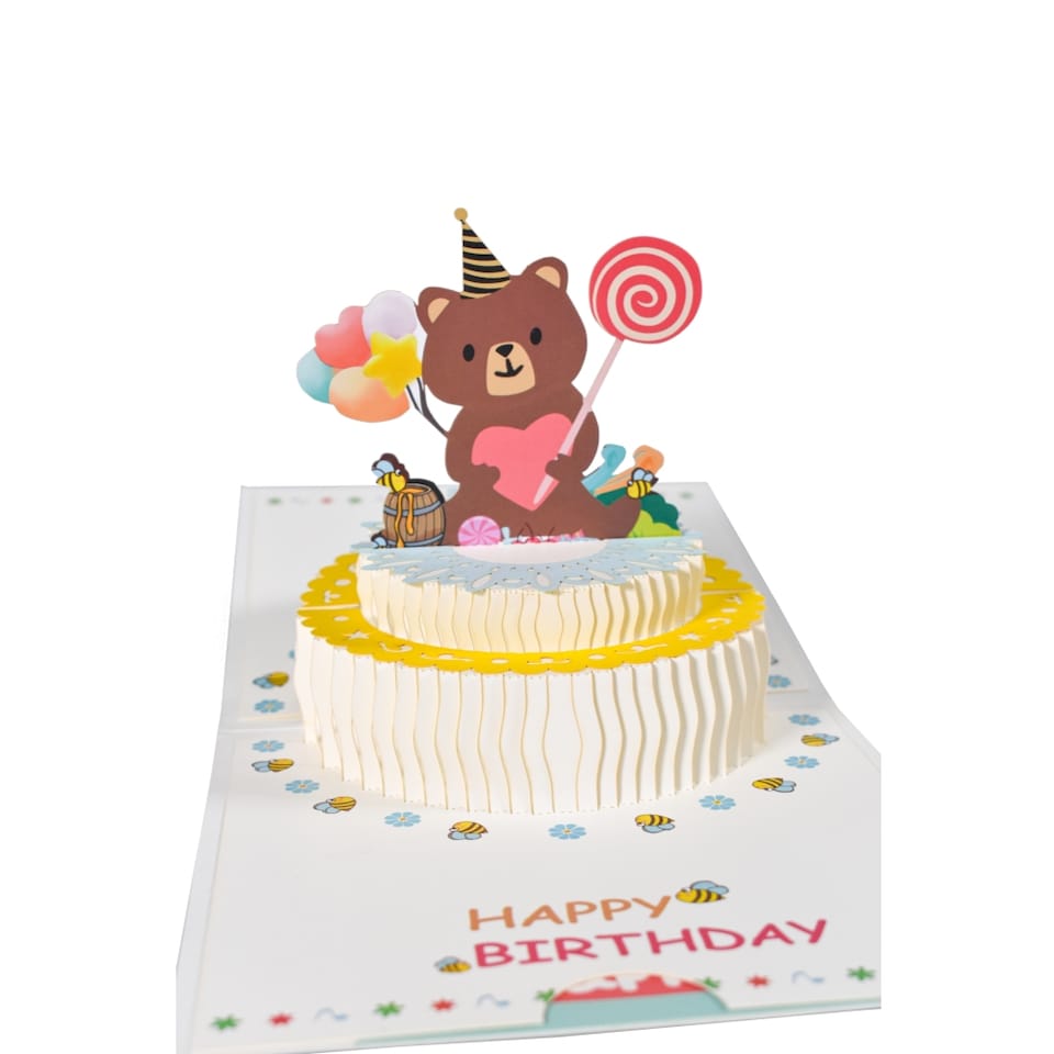 image 1 of Cake and Bear Holding Heart Design 3D Pop Up Birthday Card