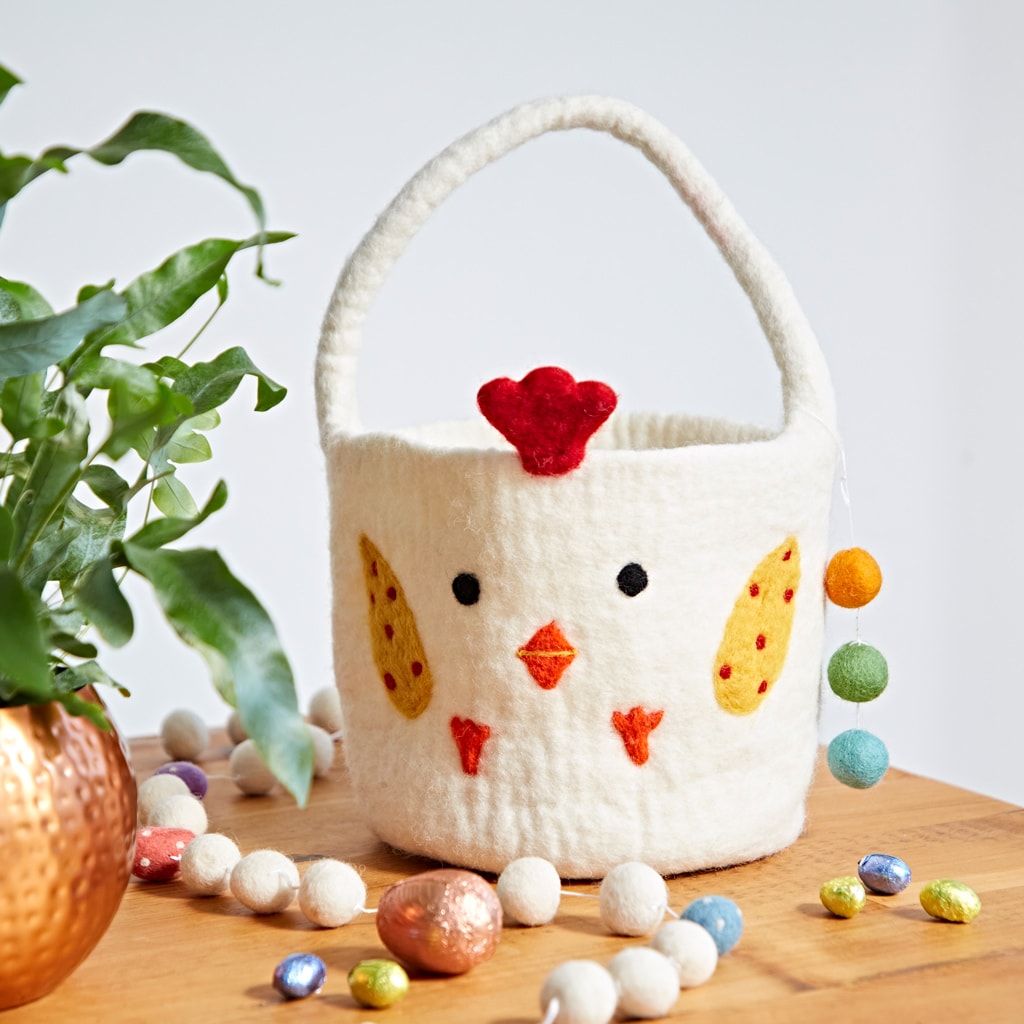 Paper High Felt Easter Chicken Basket with Colourful Ball Charms in White