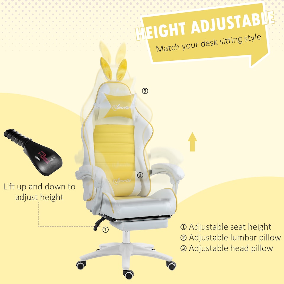 image 1 of Vinsetto Reclining Racing Gaming Chair with Headrest and Lumber Support, PU Leather Computer Chair with Removable Rabbit Ears, Footrest, Yellow
