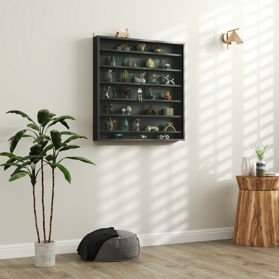 image 1 of HOMCOM 7-Tier Wall Display Cabinet w/ Shelves Glass Doors, Rustic Brown N/A