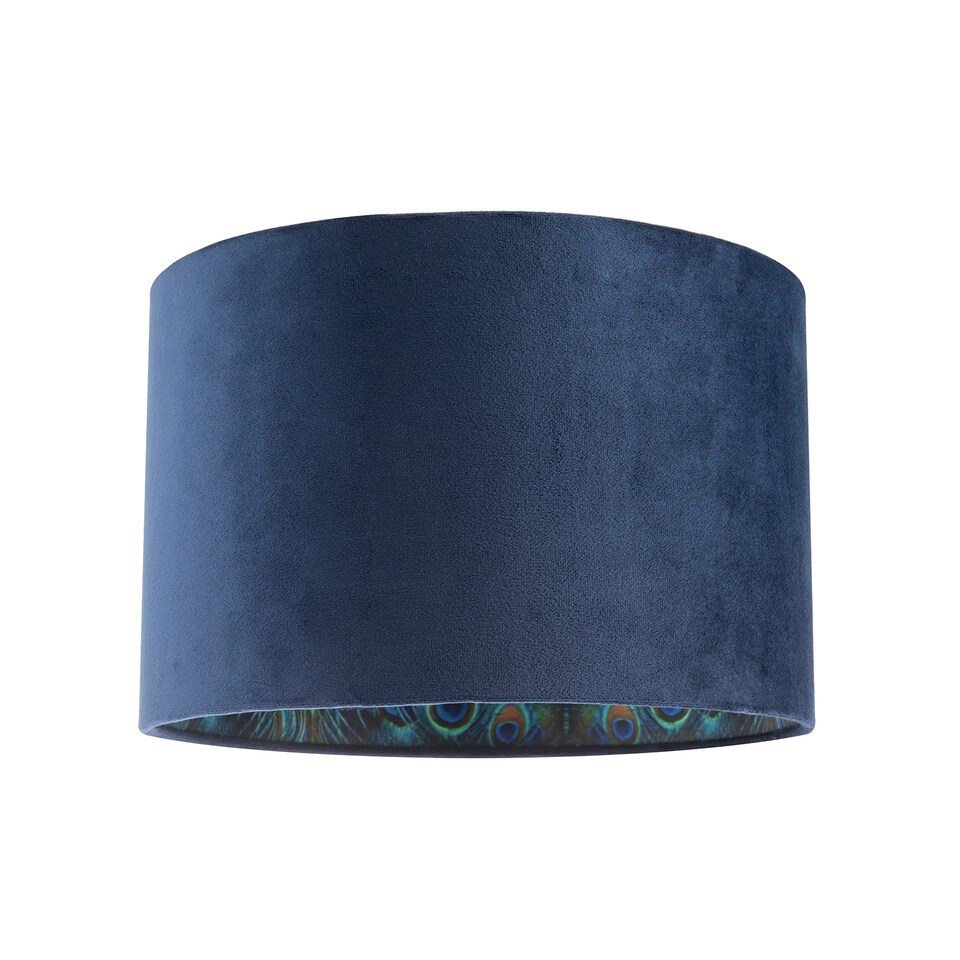 image 1 of Midnight Blue Velvet Lamp Shade with Colourful Peacock Feather Inner | Blue | Midnight Blue | 1