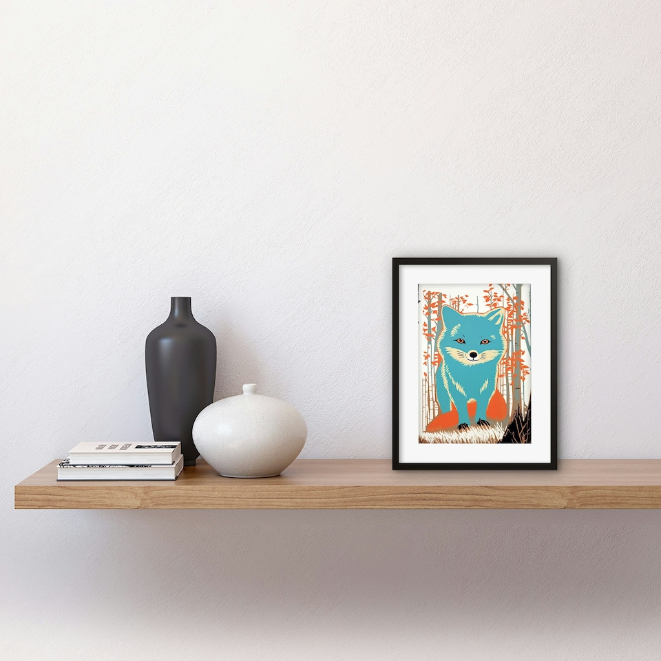 image 1 of Cute Blue Fox Forest Glade Bright Woodland Baby Animal 9x7" Black Framed Wall Art Print