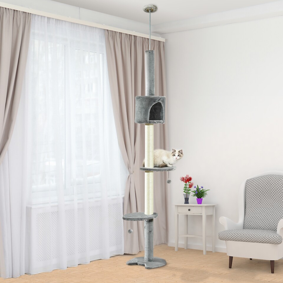 image 1 of PawHut Floor to Ceiling Cat Tree with Condo Scratching Post, Light Grey