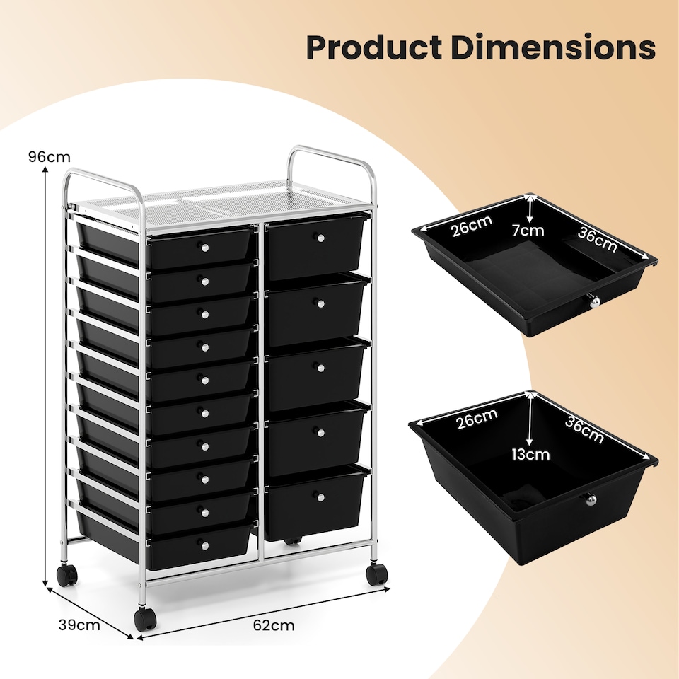 image 1 of COSTWAY 15 Drawer Rolling Storage Cart with Lockable Wheels Black