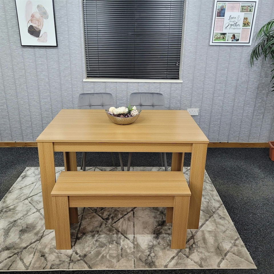 image 1 of Dining Table Set Oak Effect Table With 2 Grey Velvet Dining Chairs And 1 Bench | Grey | One Size | 4