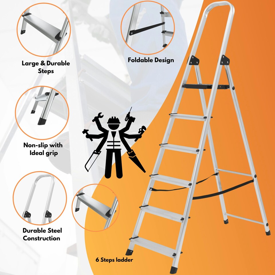 image 1 of Lightweight Step Ladders - Compact Aluminium Stepladder with Non-Slip Wide Step, Portable Silver Color - Tall Folding Ladder with Platform Silver | 6 - Step 181 cm