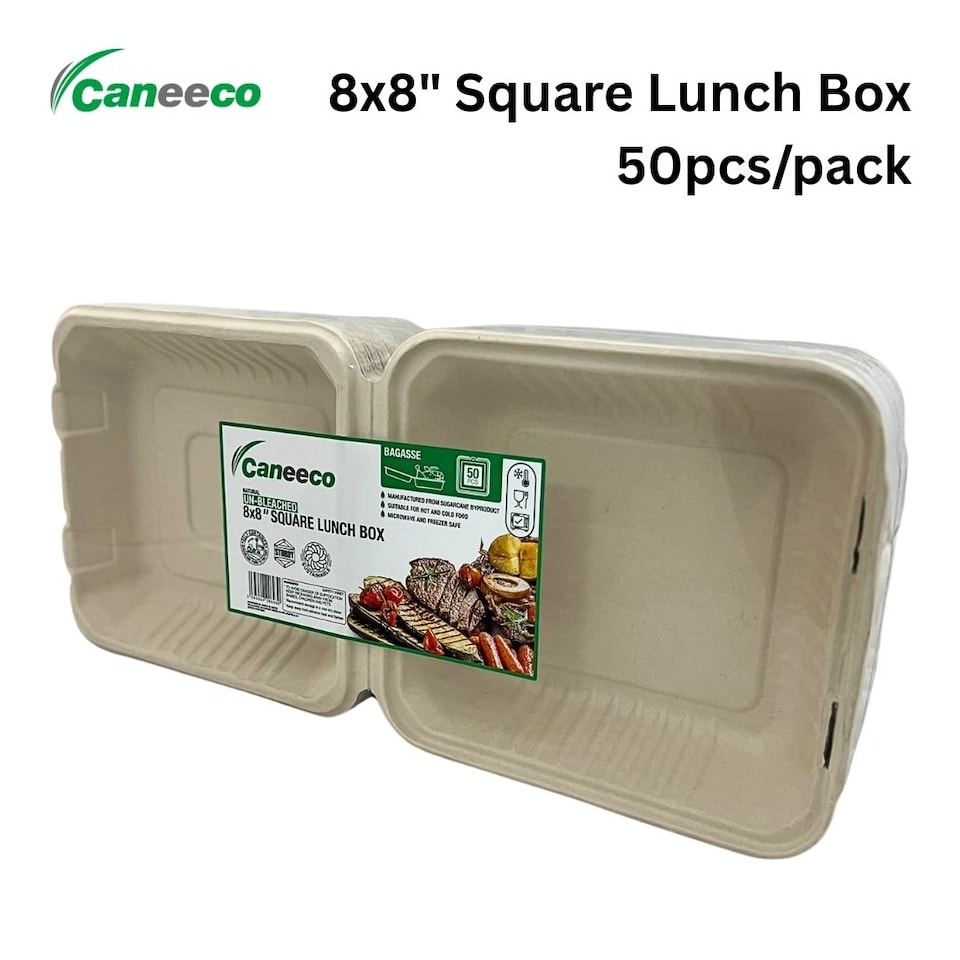 image 1 of Bagasse Sugarcane Takeaway Boxes 8x8 Clamshell Containers, PFAS Free, TUV Home Compostable Certified Food Boxes for Hot & Cold Meals, Restaurants, Parties & Catering