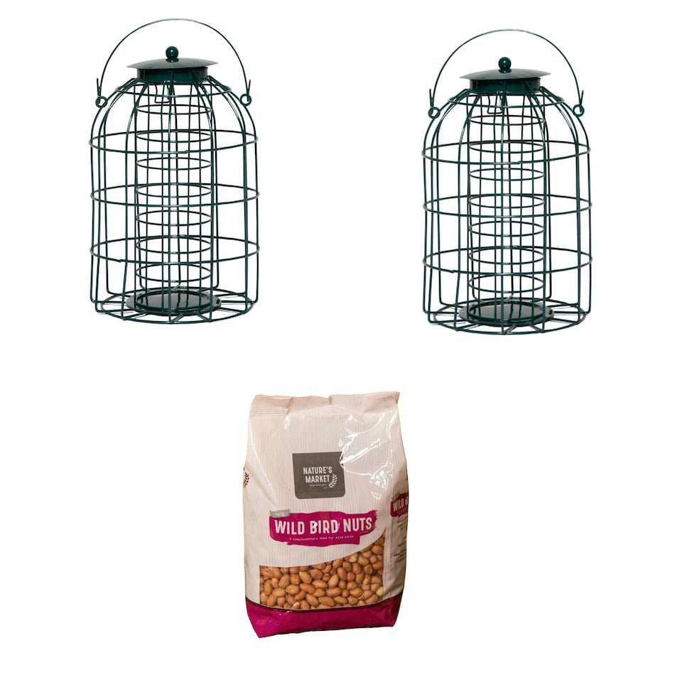 image 1 of Pack of 2 Samuel Alexander Metal Hanging Bird Nut Feeder with Squirrel Guard & Pack of Nut Feed
