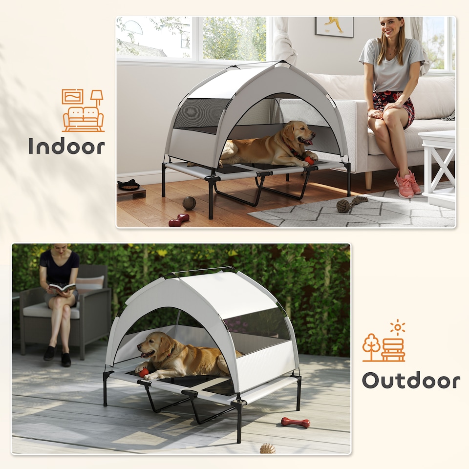 image 1 of PawHut Portable Elevated Dog Bed with Removable Canopy | Grey | Light Grey