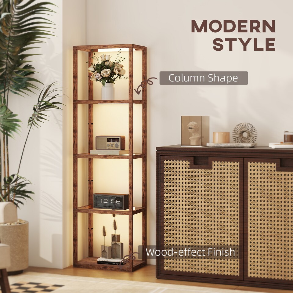 image 1 of HOMCOM LED Floor Lamp with Glass Shelves, 4 Layers Dimmable Tall Standing Lamp, Modern Column Shelf Floor Light for Living Room, Bedroom, Office, Rustic Brown