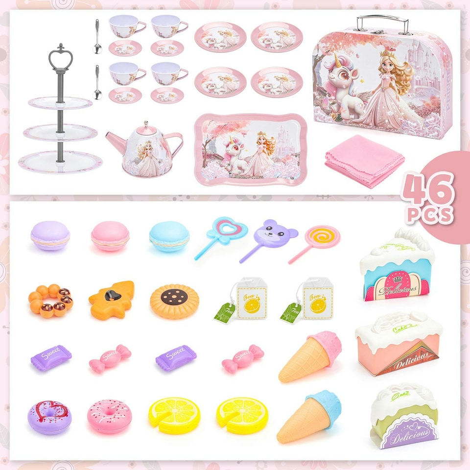 image 1 of Magical Princess Tea Party Set for Kids – Pretend Play Afternoon Tea Set with Cups, Teapot, Utensils & Carry Case