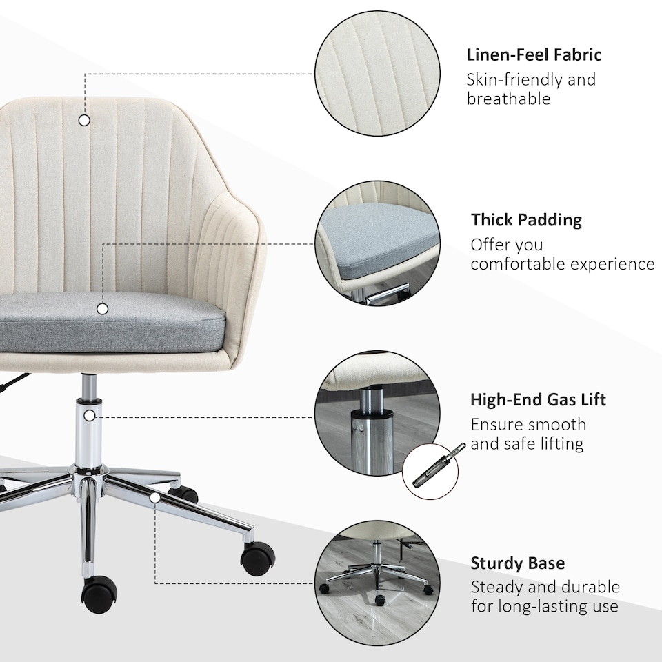 image 1 of Vinsetto Home Office Chair Comfortable Computer Desk Chair Swivel Task Chair with Golden Base, Vanity Chair for Teens Adults Bedroom, Beige