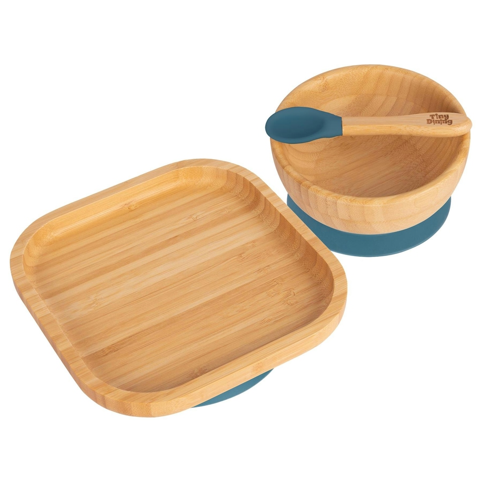 image 1 of Tiny Dining 3pc Square Bamboo Suction Dinner Set - Navy Blue