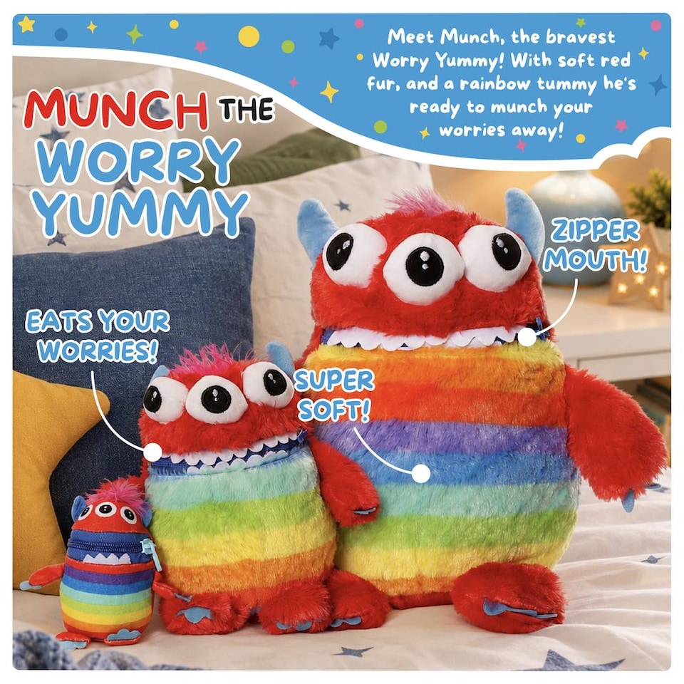 image 1 of Kids Worry Yummy Monster Cuddly Plush Toy Gift Set of 3 - Jumbo, Large and Clip-On Sizes Included