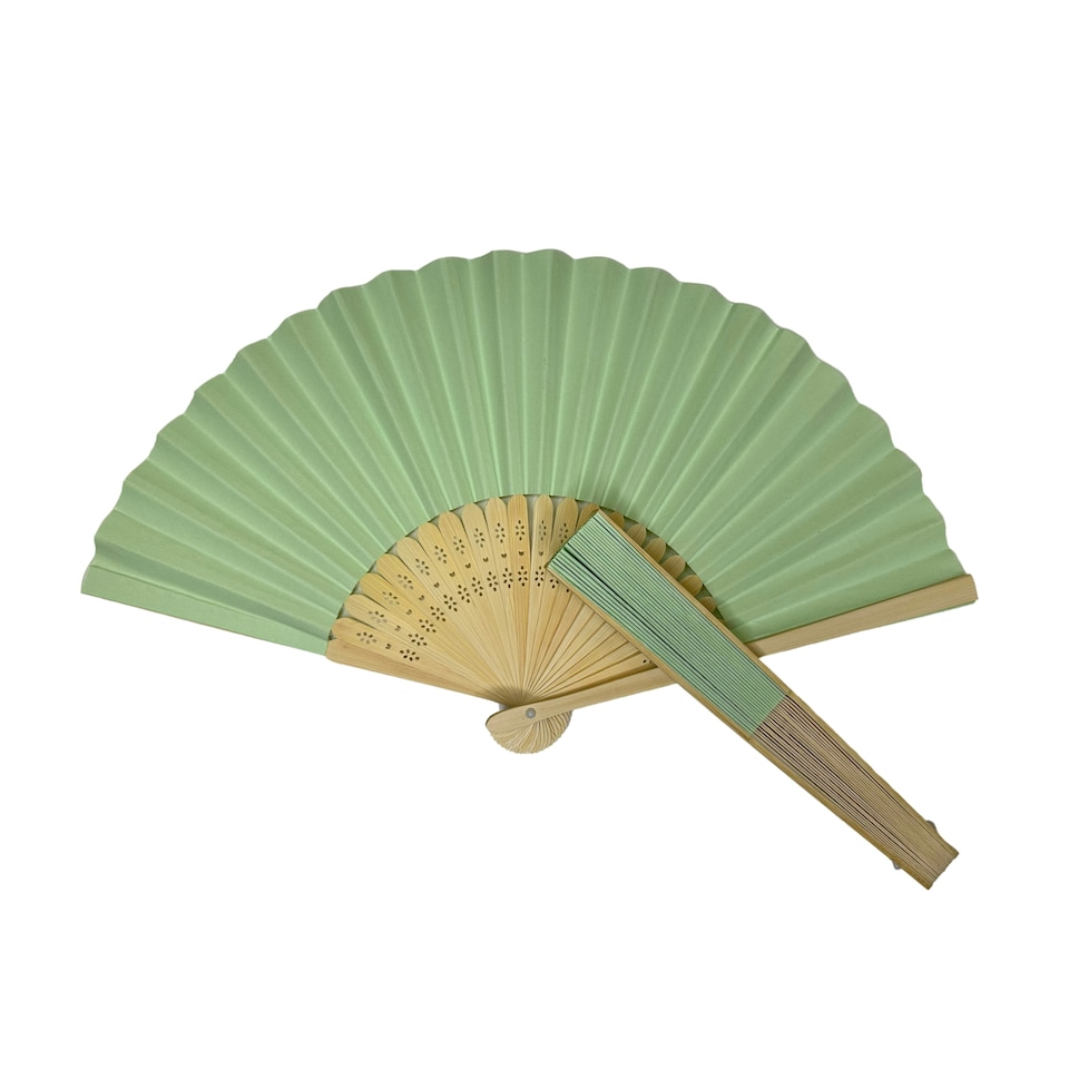 image 1 of Light Green Paper Foldable Hand Held Bamboo Wooden Fan by Parev