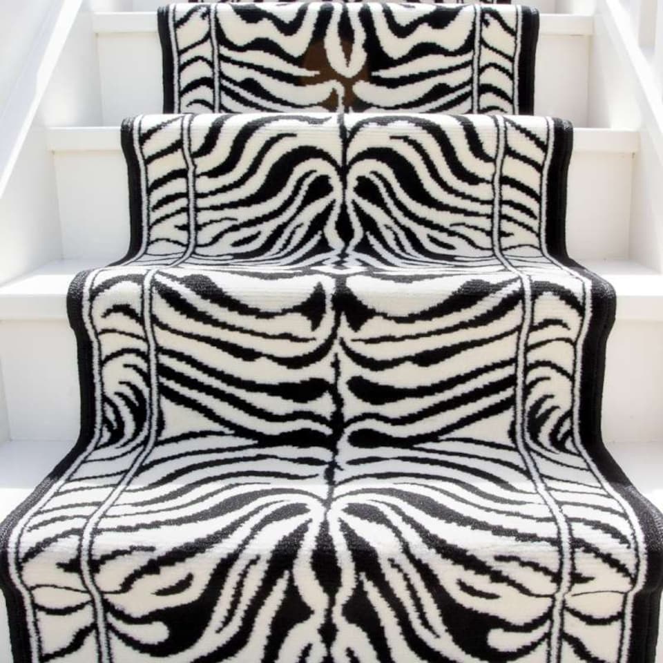 image 1 of KUKOON Black & White Zebra Print Cut to Measure Stair Carpet Runner Rug 60cm Wide 60cm x 240cm