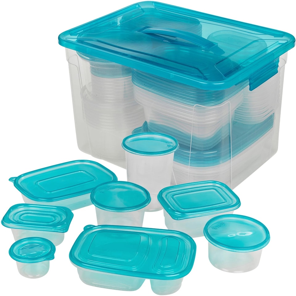 image 1 of 100 Pc Reusable Plastic Food Storage Boxes Containers Lid Microwave Freezer Safe