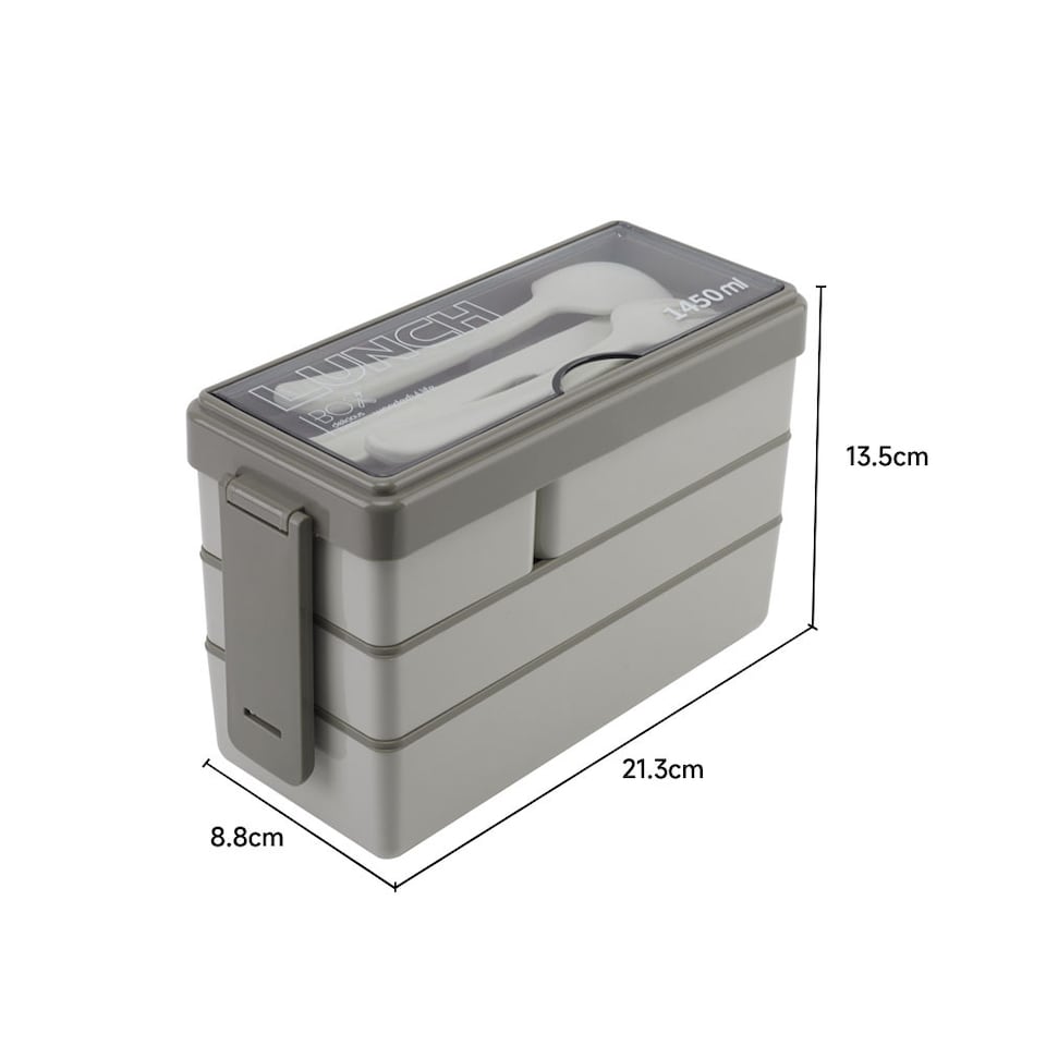 image 1 of Living and Home 3-Layer Bento-Style Plastic Lunch Box with Cutlery,Grey | Grey