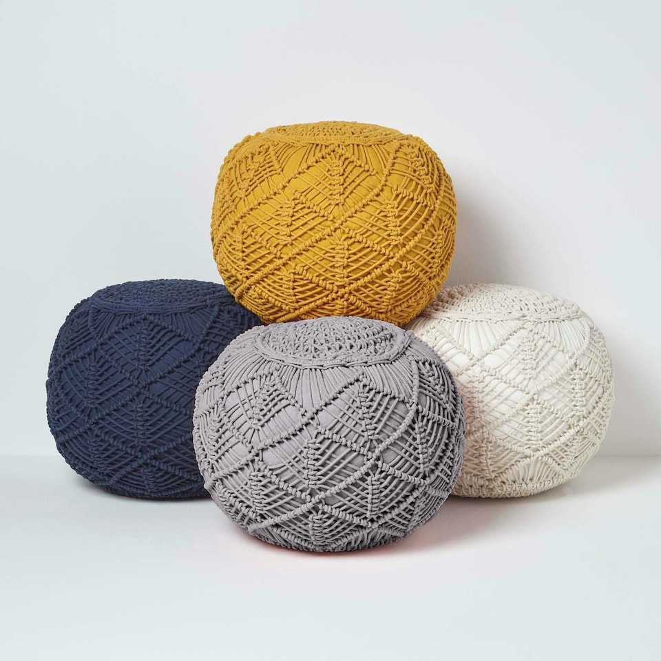 image 1 of Homescapes Grey Macrame Knitted Pouffe - 35 x 40 cm