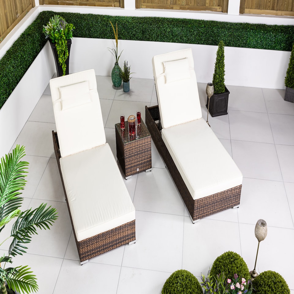 image 1 of Rattan Sun Loungers Set of 2 with Side Table Sun bed 6 Positions Cover | Brown | Brown