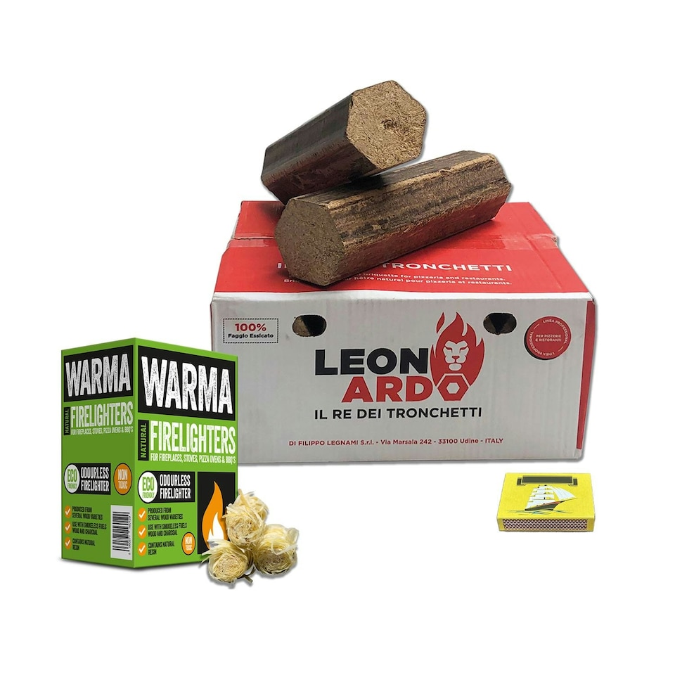 image 1 of Leonardo Pizza Oven Briquettes Bundle 1 x Box, 1 x Box of 30 Eco Wood Wool Firelighters & Matches