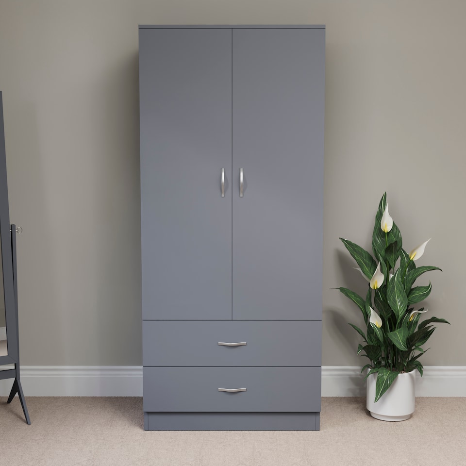 image 1 of Vida Designs Riano 2 Door 2 Drawer Wardrobe With Shelf & Clothes Rail, Grey