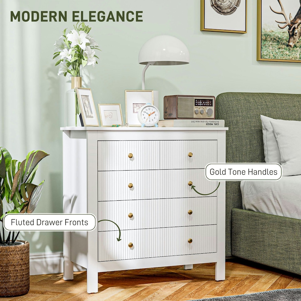 image 1 of HOMCOM Fluted Bedroom Chest of Drawers w/ 5 Drawers Gold Tone Handles White