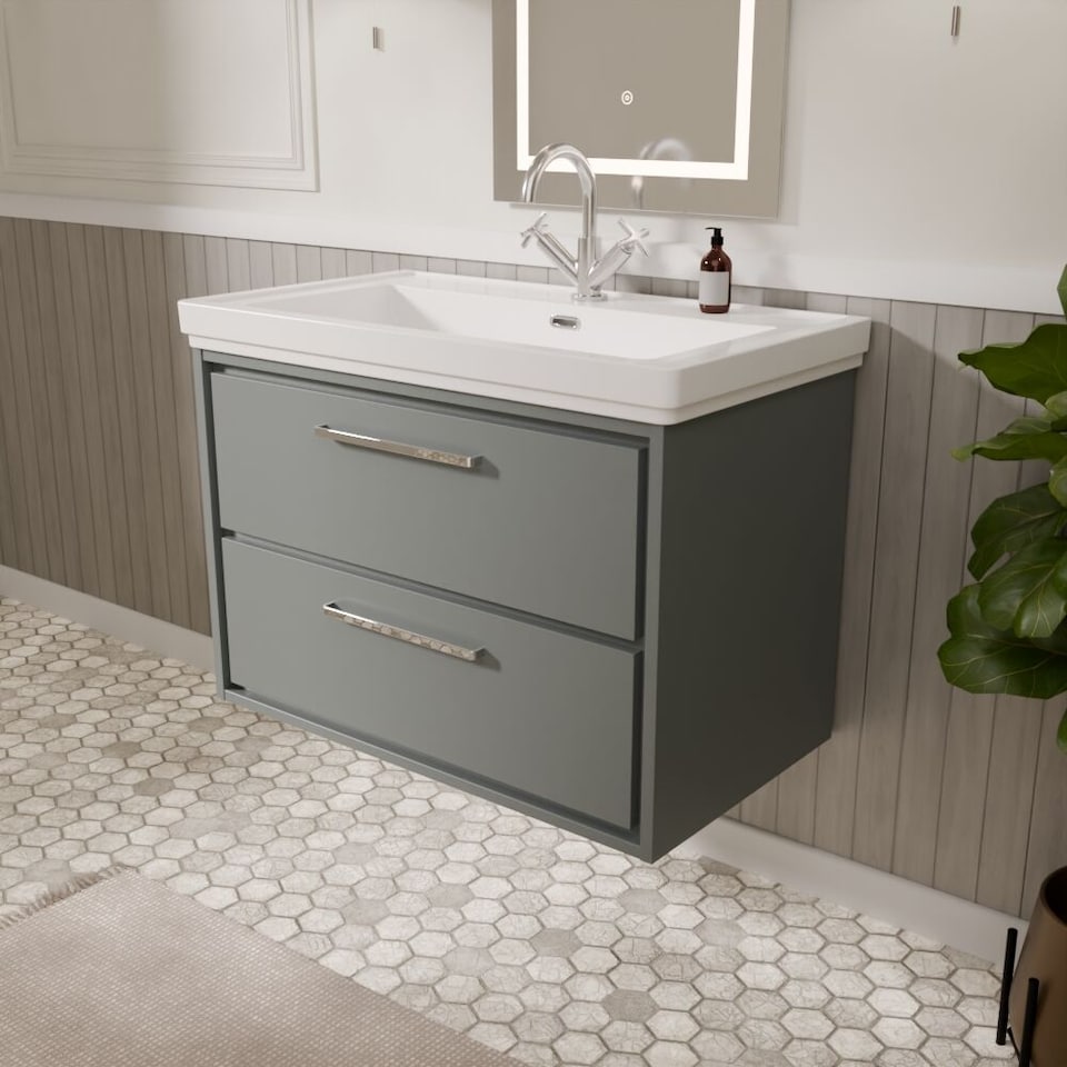 image 1 of Balterley Modern Wall Hung 2-Drawer Bathroom Vanity Unit with Fireclay Basin | Grey | Monument Grey | 606 x 830 x 471mm