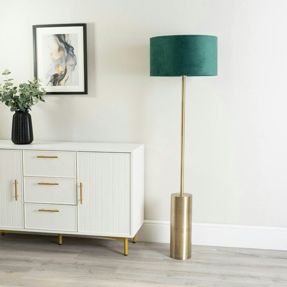 image 1 of ValueLights Lexy Forest Green Velvet Drum Shade with Antique Brass Dimmable Floor Lamp with LED Bulb Green