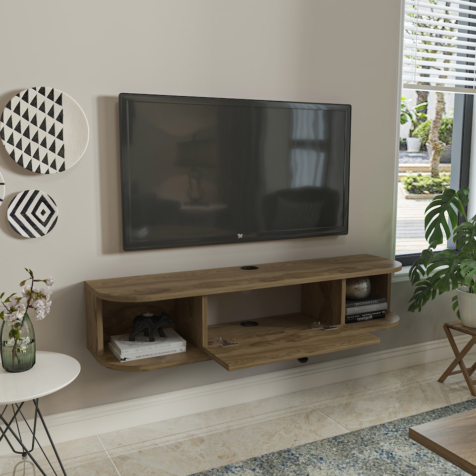 image 1 of Decorotika Ibarra Floating  TV Unit for TV's up to 55 inches Dropdown Cabinet and Open Shelves