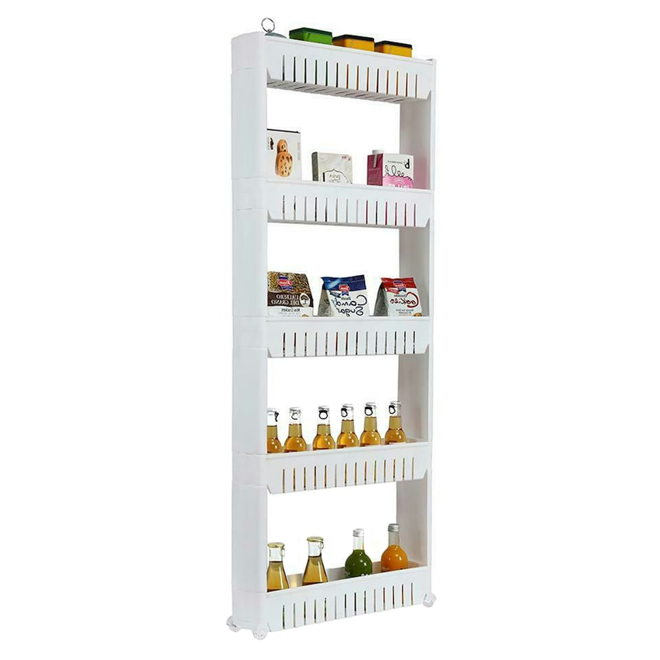 image 1 of 5 Tier Slim Slide Out Kitchen Trolley Storage Shelf & Organizer Rack White | White