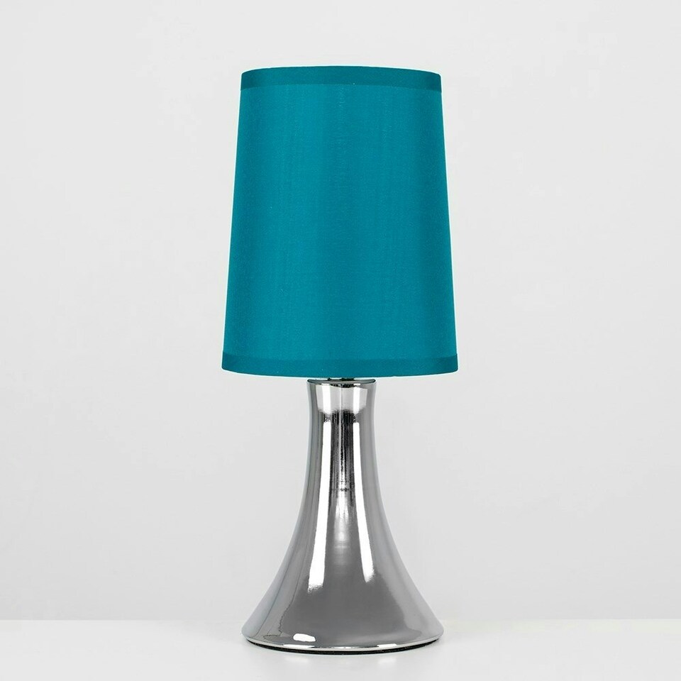 image 1 of ValueLights Pair of - Small Chrome Touch Table Lamps with Teal Fabric Shades With 5w LED Dimmable Candle Bulbs In Warm White