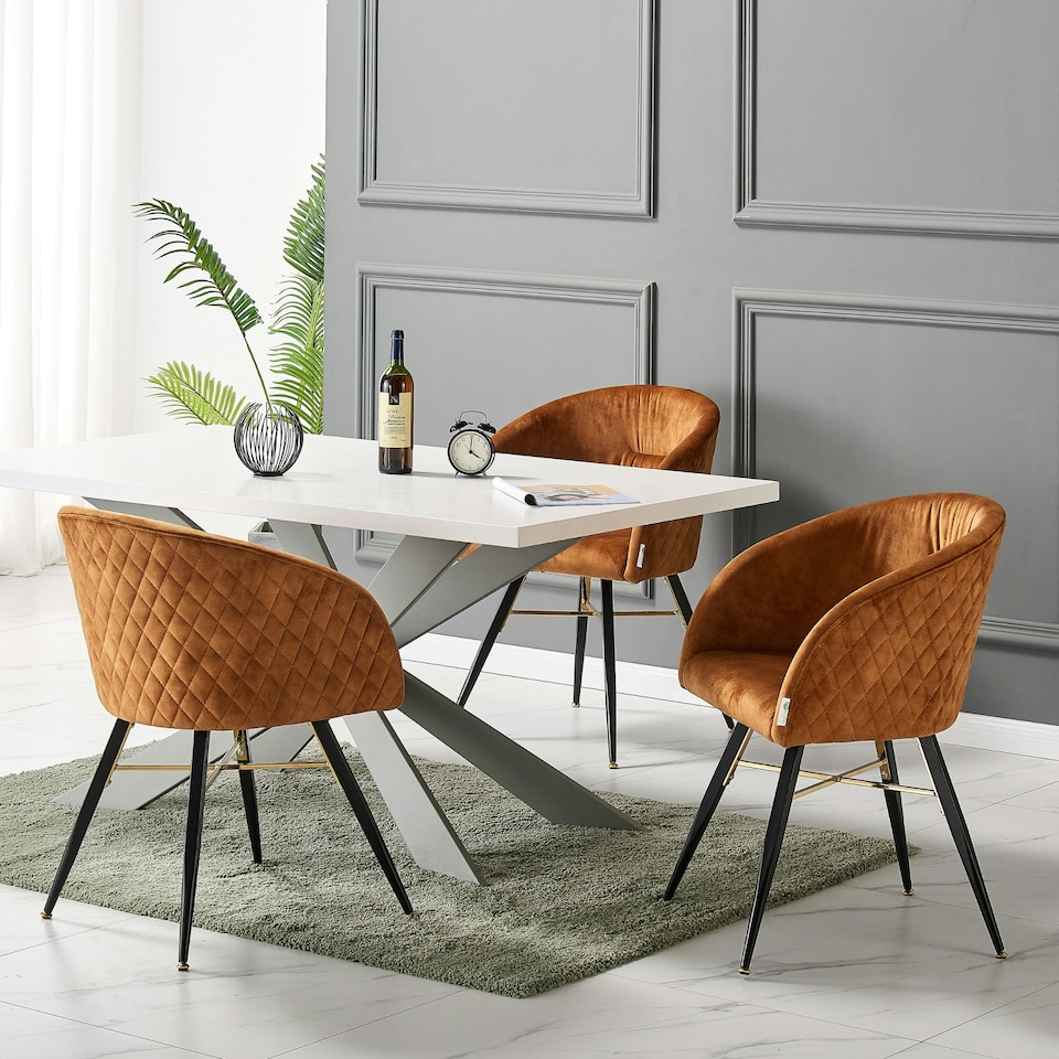 image 1 of Set of 2 Vittorio Velvet Dining Chairs with Black Metal Legs, Quilted Design Modern Accent Chair | Yellow