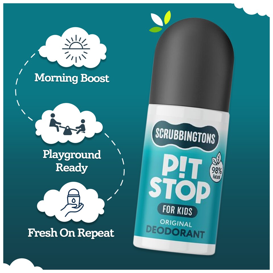 image 1 of Scrubbingtons Pit Stop Kids Deodorant Natural Roll On For Children, Teens Natural Ingredients For Sensitive Skin Paediatrician approved, Aluminium & Alcohol Free, Original, 75ml x 4 | White | 4