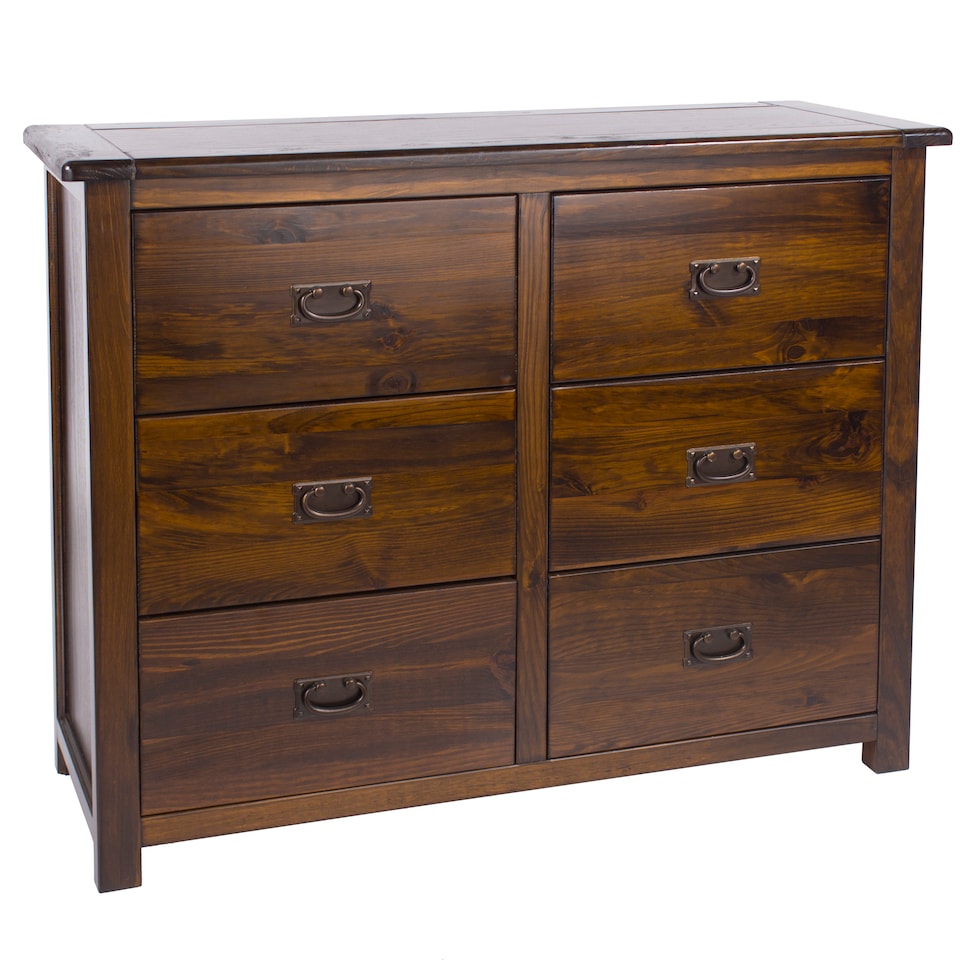 image 1 of Boston 3+3 Drawer Wide Chest - Rich Dark Brown Lacquer Solid Wood Bedroom Storage with Brass Handles | Brown | Brown | 1