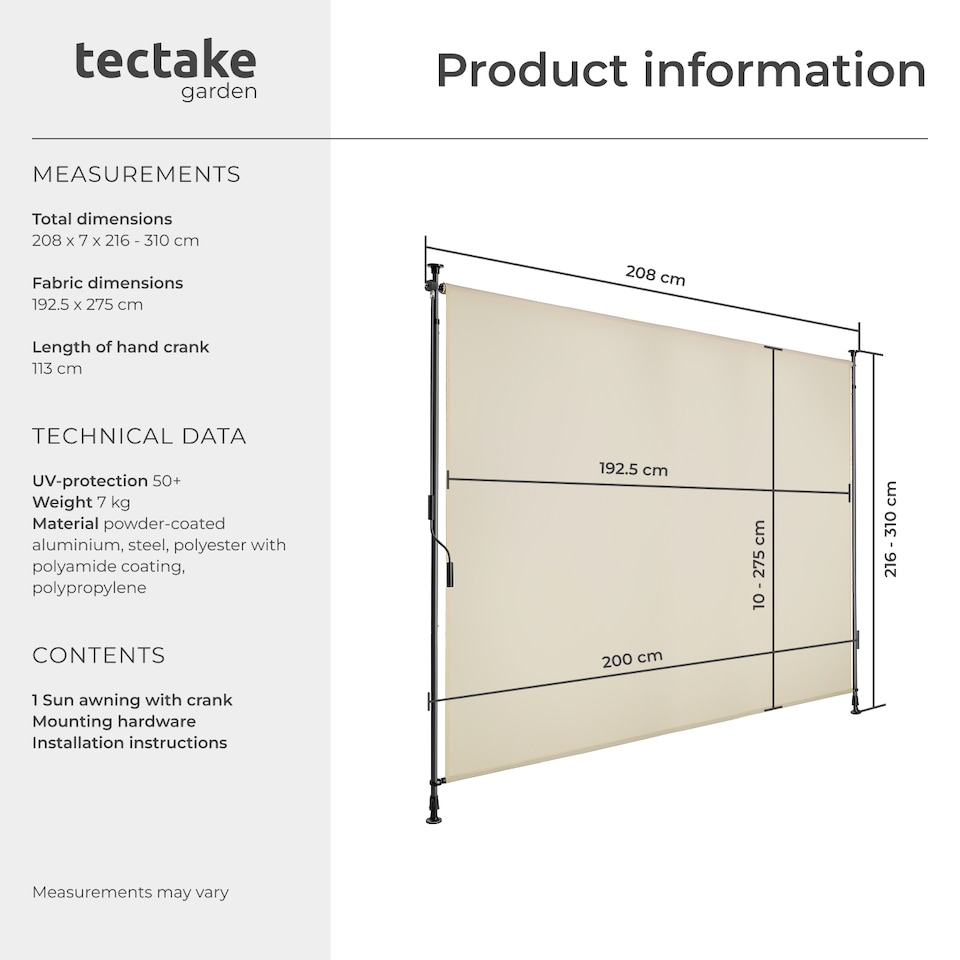 image 1 of Retractable Awning Taija - tooless installation, with hand crank, retractable and UV blocking | Cream | beige | 200 x 310 cm | 1
