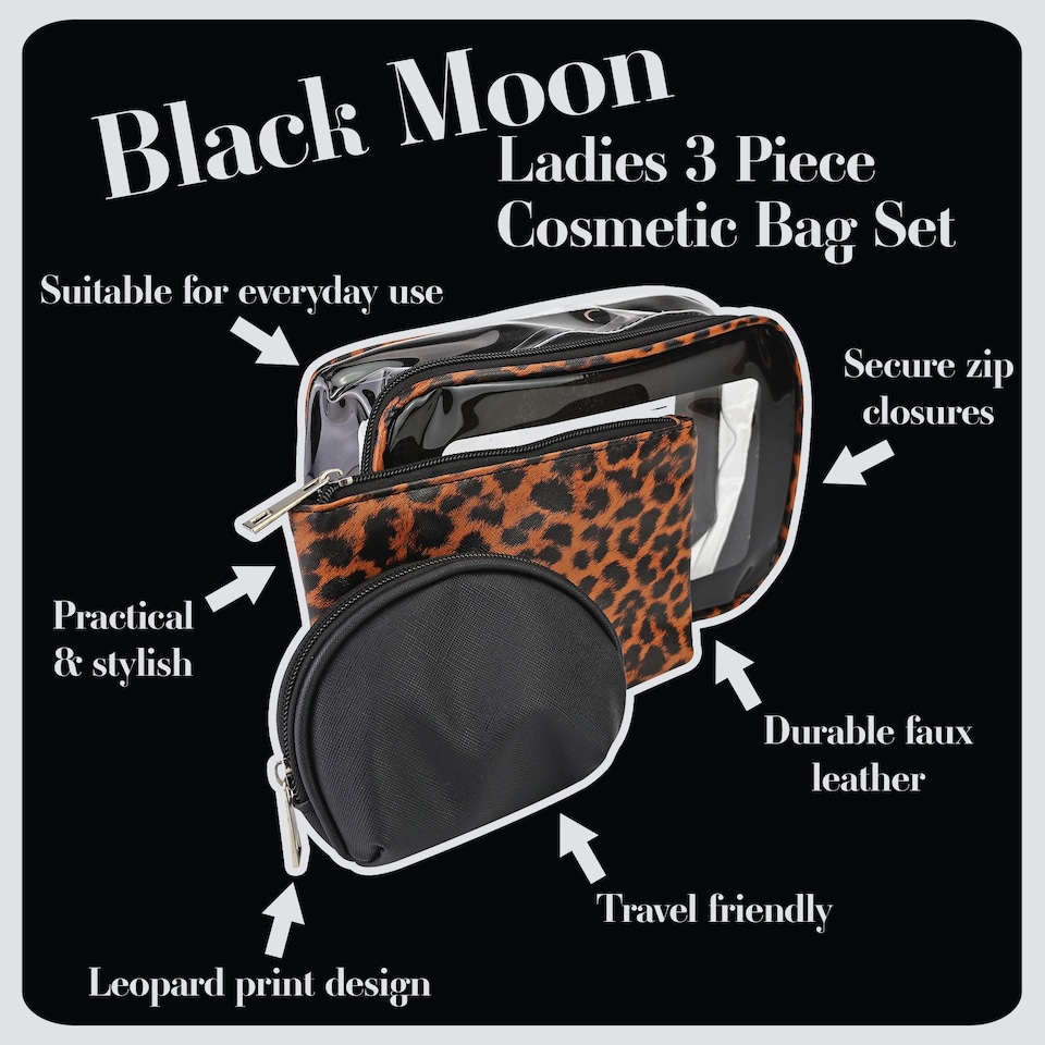 image 1 of 3 Piece Ladies Cosmetic Bag Set Leopard Print Makeup Toiletry Travel Bags