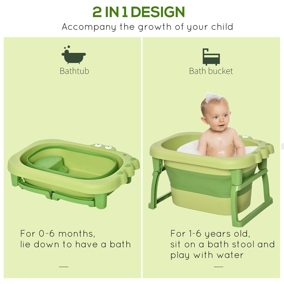 image 1 of HOMCOM Foldable Baby Bathtub for Newborns Infants Toddlers w/ Stool - Green