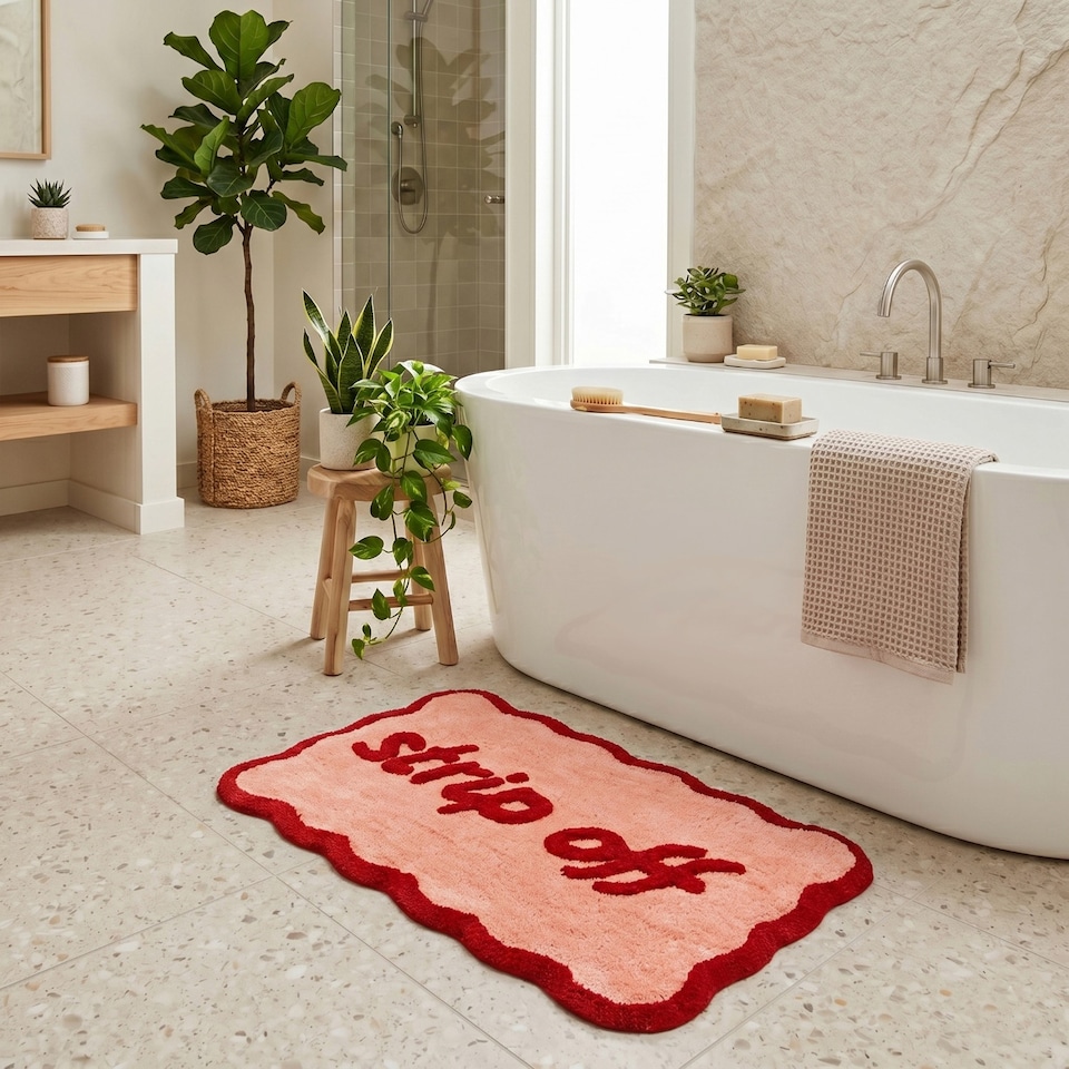 image 1 of Strip Off Slogan Scalloped Bath Mat