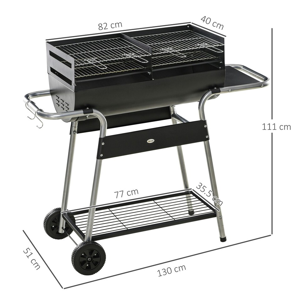 image 1 of Outsunny Charcoal BBQ Grill with Double Grill, Table, Storage Shelf and Wheels