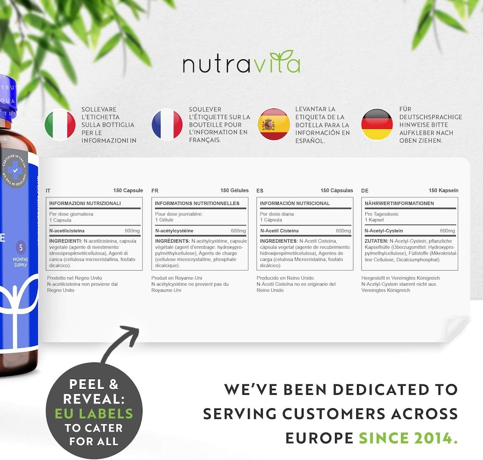 image 1 of Nutravita NAC N-Acetyl-Cysteine 600mg - High Bioavailability NAC Supplement - N Acetyl Cysteine Amino Acid - Made in The UK - 150 Vegan Capsules