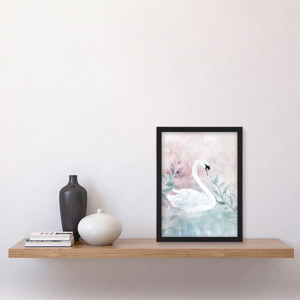 image 1 of Swan Lake Pink Green Watercolour Living Room Black Framed Wall Art Print A4