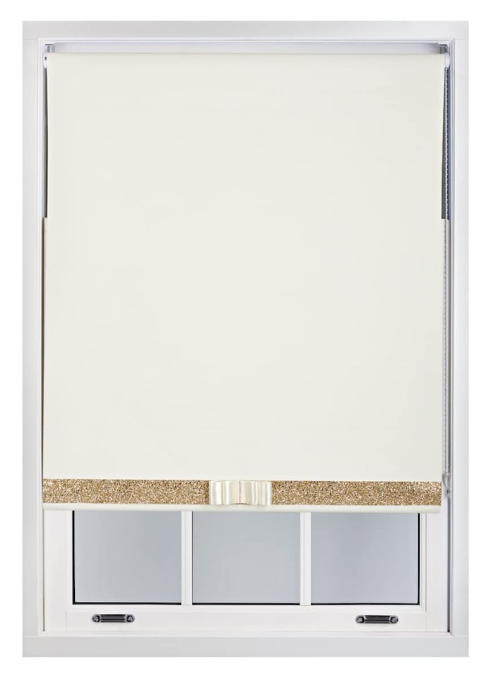 image 1 of FURNISHED Blackout Roller Blind with Gold Glitter Trim and Cream Bow Trimmable Window Shade | Cream | Cream | (W) 230cm x (L) 210cm