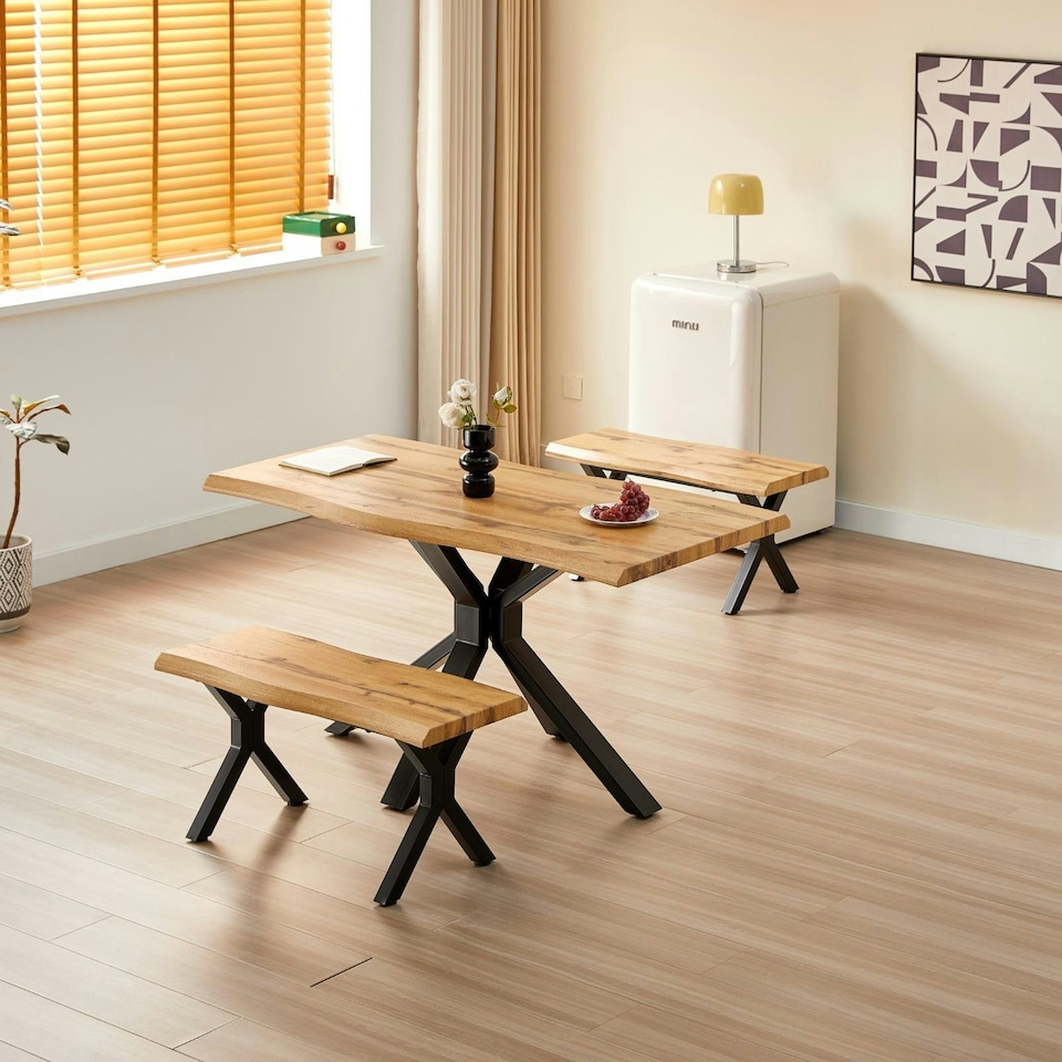 image 1 of Wooden Dining Table and 2 Benches Set with X-Shaped Iron Legs, Curved Edge for Dining Room Brown