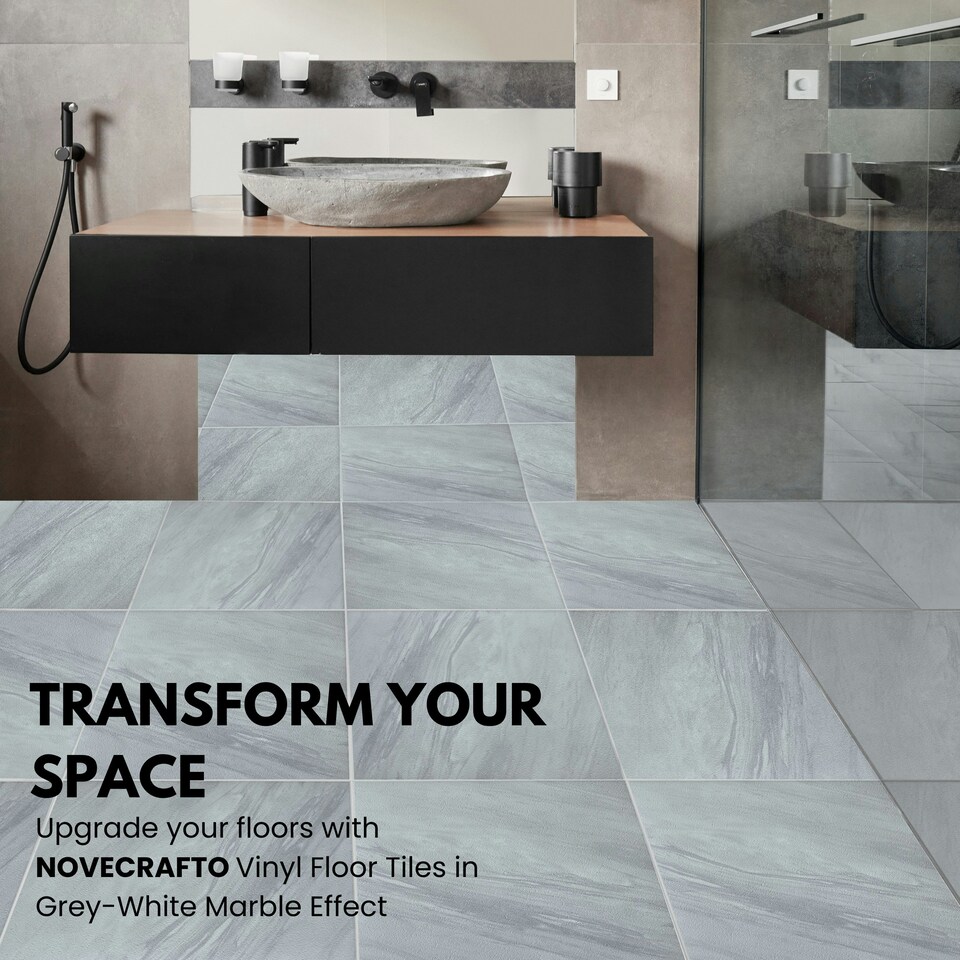 image 1 of NOVECRAFTO Vinyl Floor Tiles Self Adhesive – 18x18in Peel and Stick Waterproof Square Flooring for Kitchen, Bathroom & More – Grey White Marble Design Grey | 7.1 sqm