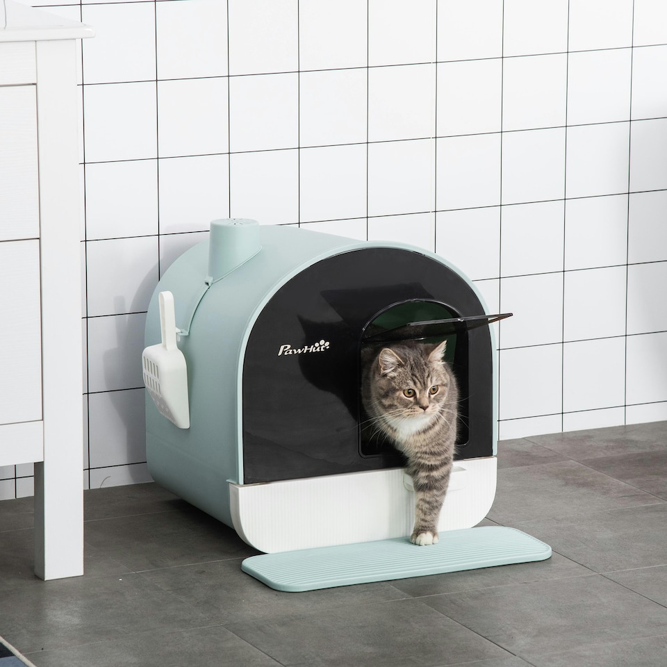image 1 of PawHut Cat Litter Box Kitten Litter Tray w/ Lid, Scoop, Filter, Flap Door