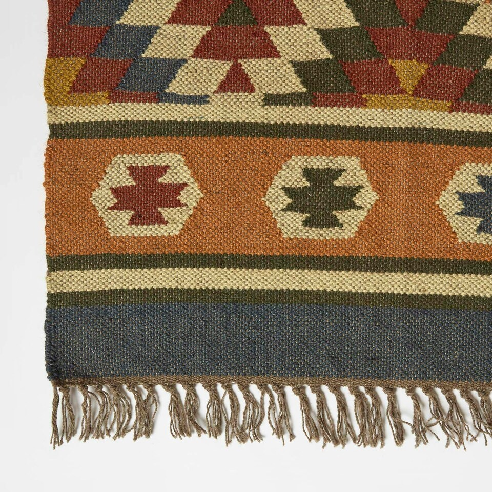 image 1 of Homescapes Lucea Orange and Blue Kilim Runner Wool Rug - 80 x 180 cm