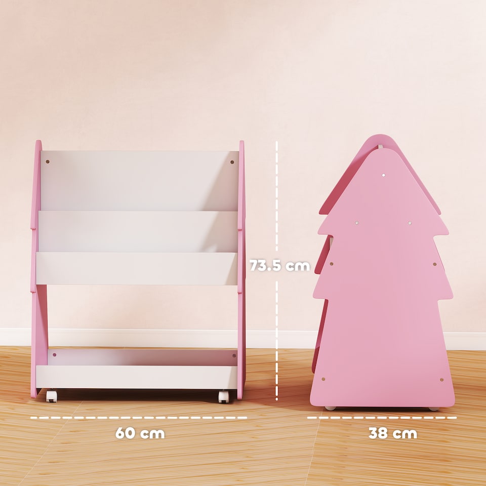 image 1 of AIYAPLAY Kids Bookshelf and Toy Storage, Double-Sided Children's Bookcase with Wheels, 3 Tier Kids Book Rack for Playroom, Bedroom, Nursery, Classroom, Pink