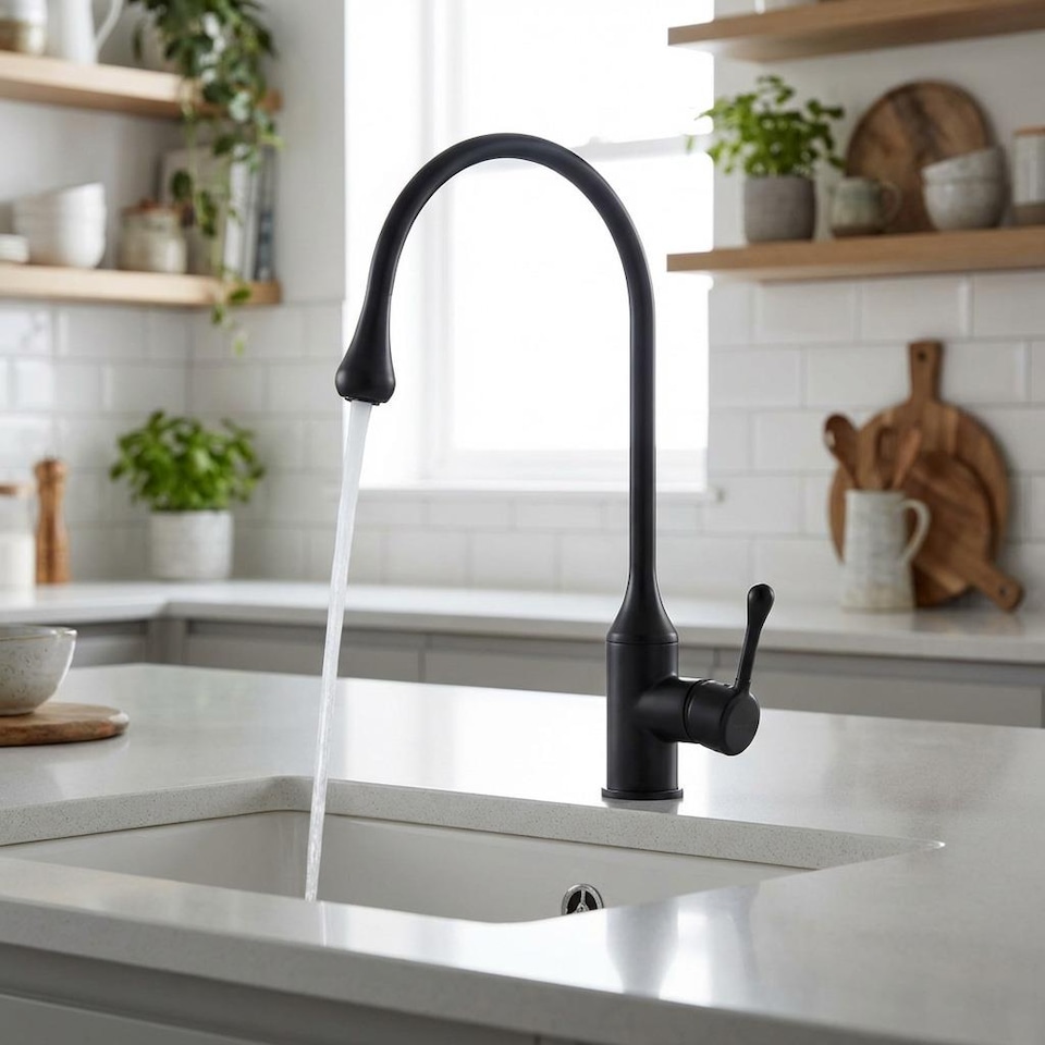 image 1 of Droplet Shape Spout Matte Black Kitchen Sink Mixer Faucet Tall Single Lever Tap