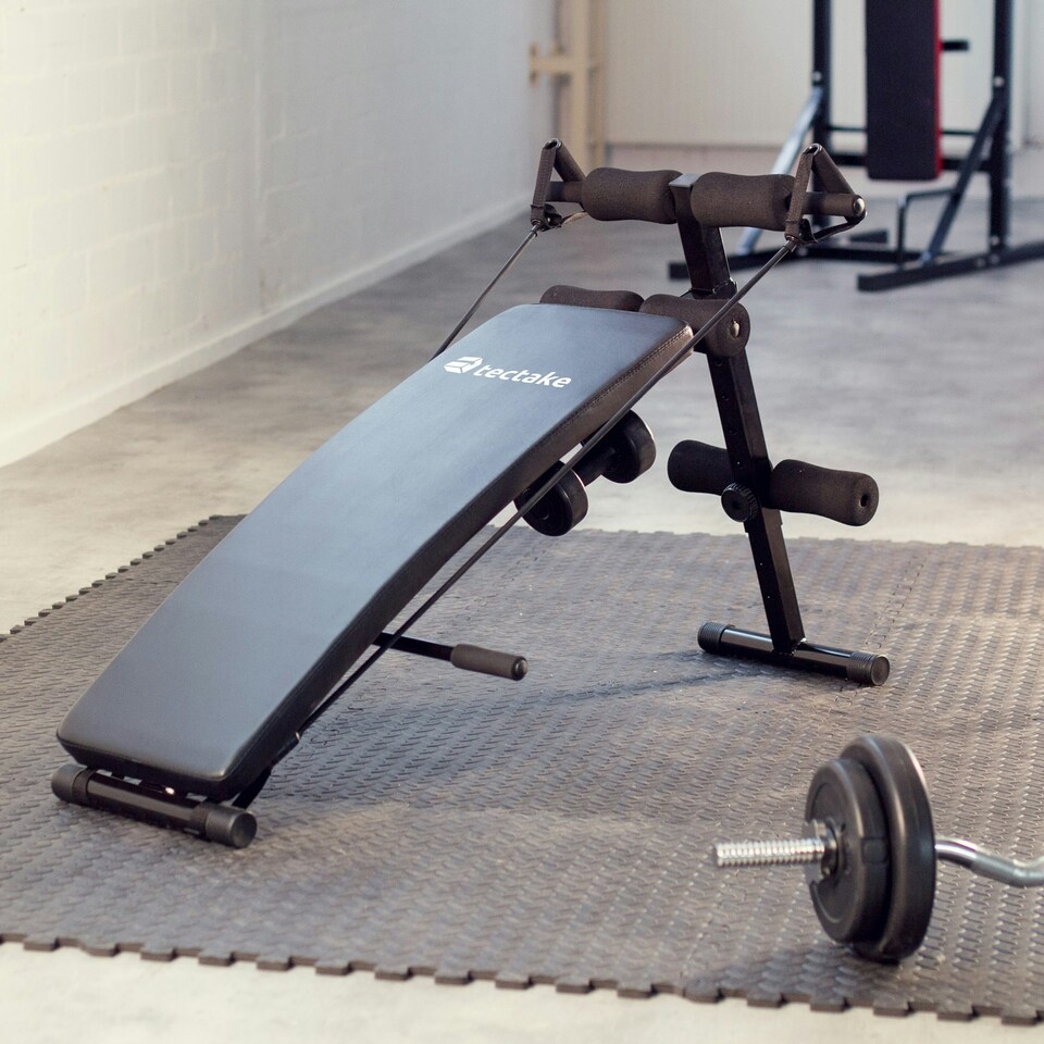 image 1 of Sit-Up Bench Cuttler - 6 positions, padded leg brace, foldable, inc. 2 dumbbells and elastic bands